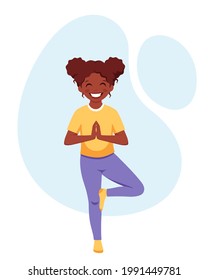 Black girl doing yoga. Gymnastic, yoga and meditation for children. Vector illustration