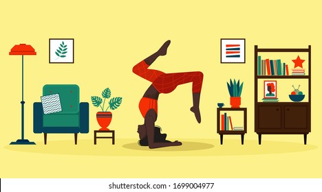 Black girl doing yoga at home. Concept of a healthy lifestyle and physical activity during quarantine. Modern interior of the living room in the background. Flat vector illustration.