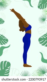 Black girl doing yoga. Plant elements. Faceless woman. Yoga.