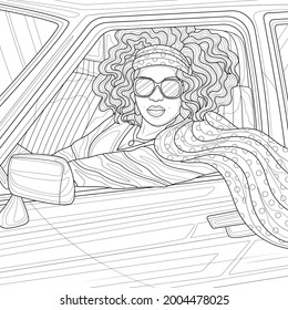 \nBlack girl driving a car.Coloring book antistress for children and adults. Illustration isolated on white background.Zen-tangle style. Hand draw