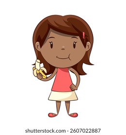 Black girl eating banana, vector illustration