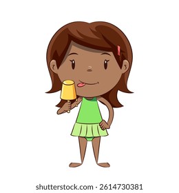Black girl eating flavored ice on a stick, swimsuit, summer, drawing