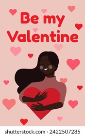 Black girl embraces red heart. African american woman holds red heart in hands. Postcard for valentine's day. Valentines day postcard. Vector flat illustration isolated on white background EPS10