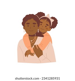 Black girl embracing mom from stand behind, flat vector illustration.