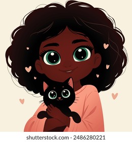 Black girl enjoying the company of her cat