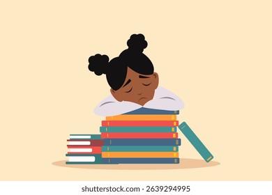 A black girl feeling sad from stress and pressure, studying for a school exam at a library, sleeping on a stack of books. Tired African American student having difficulties with learning her homework