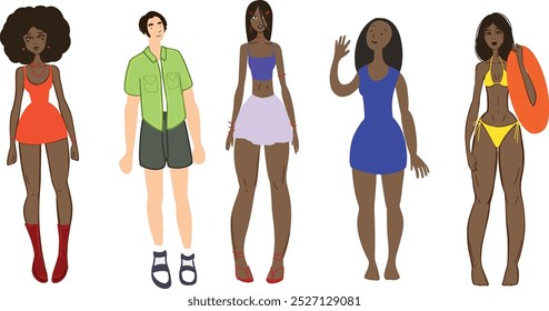 Schwarzes Mädchen flache Illustration Clipart Set Design für Frau Frisur Retro Zeichnung dunkle Haut weibliche Person Menschen Gruppe Zeichen einzeln auf weiß weiß männlich handgezeichnet Bikini Kleid Rock Outfit