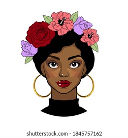 Black girl with floral wreath. Beautiful young woman. Vector cartoon portrait.