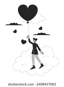 Black girl flying with balloon above clouds black and white 2D line cartoon character. Cloudy heart shaped baloon african american isolated vector outline person. Monochromatic flat spot illustration