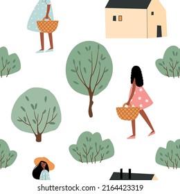black girl in forest seamless pattern, forest tree and house digital paper, vector woodland cute nursery background clipart