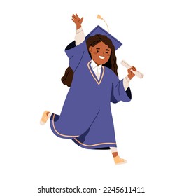 Black girl in graduation gown, cap. School kid graduating with diploma. Happy cute child in master hat. Success in elementary education concept. Flat vector illustration isolated on white background