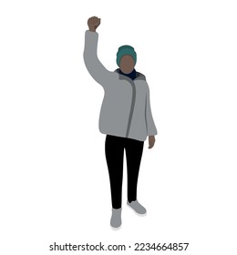 A black girl in a gray jacket and a winter hat stands with one hand raised up, flat vector, isolate on white, protest, faceless illustration