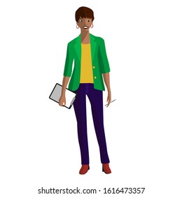 The black girl in a green jacket and jeans. Office worker