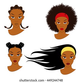 Black Girl Hair Styles. Vector Illustration Of Four Different Hair Styles For Young Girls