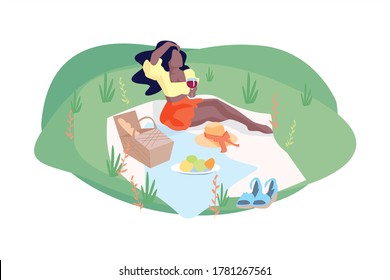 Niña negra haciendo un picnic. La mujer de piel oscura descansa en la naturaleza, disfrutando del aire limpio. Descanso auto-aislado. Cuidándote. Disfruta tu verano. Ilustración vectorial. Fondo aislado.