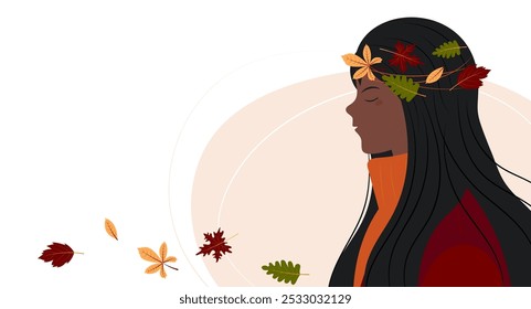 Black girl with long hair and foliage. Autum background for card, banner, sale, social media, avatar.