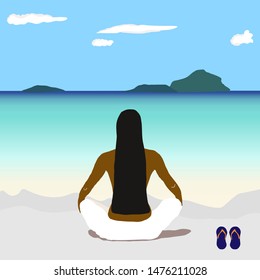 Black girl with black long hair sitting back on sand ocean beach in lotus position and watching seafront . Human in relaxing pose in white trousers .Colorful vector illustration. Thai ocean beach 