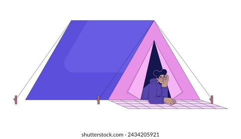 Black girl lying at camping tent 2D linear cartoon character. African-american female student isolated line vector person white background. Wanderlust hiker woman color flat spot illustration