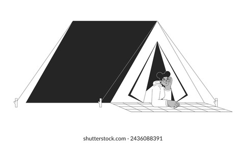 Black girl lying at camping tent black and white 2D line cartoon character. African-american female student isolated vector outline person. Wanderlust hiker woman monochromatic flat spot illustration