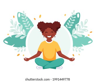 Black girl meditating in lotus pose. Gymnastic, meditation for children. Vector illustration
