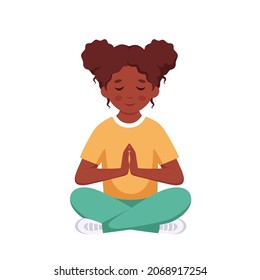 Black girl meditating in lotus pose. Gymnastic, yoga and meditation for kids. Vector illustration