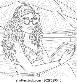 Black girl on the beach with a book.Coloring book antistress for children and adults. Illustration isolated on white background.Zen-tangle style. Hand draw