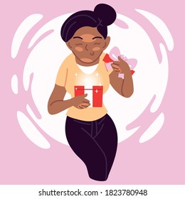 black girl opening gift cartoon design. Happy birthday celebration decoration, festive party and surprise theme. Vector illustration