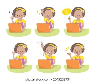 Black girl operating a computer,positive facial expression set