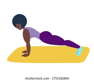 A black girl performs the lower bar. An African-American woman performs the plank asana.Vector illustration