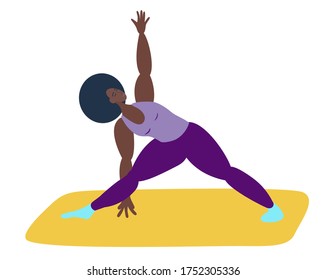 A black girl performs a triangular pose. An African-American woman does yoga. Athletic girl performs asana- Trikonasana. vector illustration in flat style.Healthy lifestyle, spiritual practice