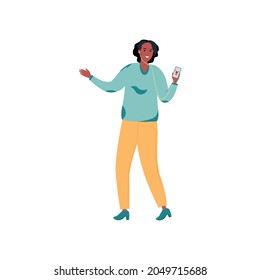 
black girl with a phone in her hands, listening to music through the application. flat vector. teenager in a stylish pig and trousers with a phone in his hands. Phone app concept.