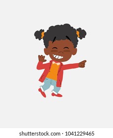 Black girl pointing to something funny on his left.