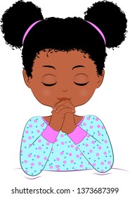 Black Girl Praying Before She Goes To Bed, Illustration, Cute, Big Hair, Dressed In Her Pajamas.