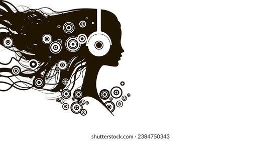 Black girl in profile listens to beautiful music with headphones on white background. Vector illustration