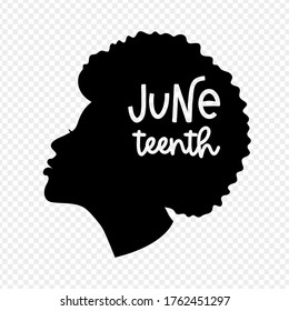 Black girl profile silhouette with a ring earring for Juneteenth holiday. Lettering. Vector illustration of a proud black girl.