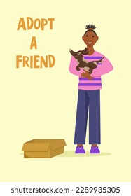 Black girl with a puppy in her arms. People and animals. Vector illustration. Adopt a pet from a shelter. For flyers, covers, advertising, posters, veterinary clinics and shops, volunteer shelters.