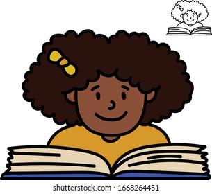 black girl reading a book hand drawn vector illustration