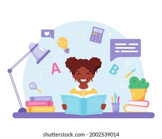 Black girl reading book. Girl studying with a book. Vector illustration