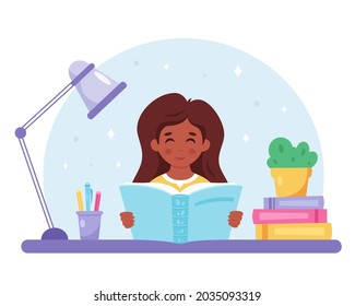 Black girl a reading book. Girl studying with a book. Homework, schooling. Vector illustration