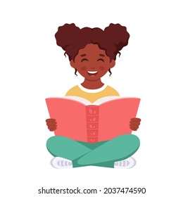 Black girl reading a book. Girl studying with a book. Homework, schooling. Vector illustration