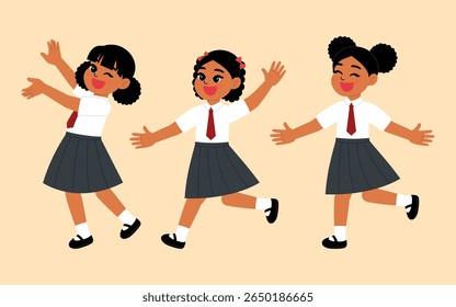 black girl in school uniform with necktie presenting gesture , smile girl cartoon running and raise hand, happy student character play time illustration