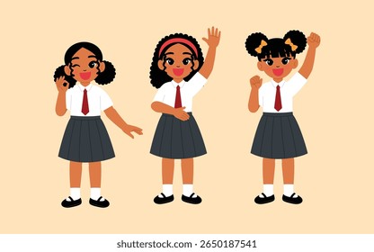 menina negra em uniforme escolar com gravata ok mão, sorriso menina desenho animado levantar mão , personagem feliz estudante levantar punho ilustração