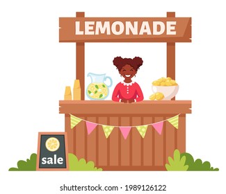 Black Girl Selling Cold Lemonade In Lemonade Stand. Summer Cold Drink. Vector Illustration