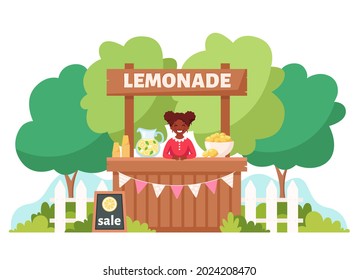 Black girl selling cold lemonade in lemonade stand. Summer cold drink. Vector illustration