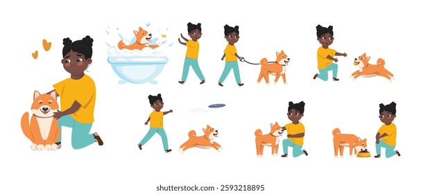 Black black girl with a Shiba dog. Collection of girl characters and Shiba dog. Happy cheerful black girl playing with a dog
