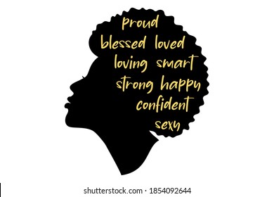 Black girl Silhouette. African American woman.  Beautiful female profile. Decorated with hand written text.  Vector clipart isolated on white. 