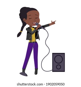 Black girl sings a song with a microphone. Rock singer in a leather jacket. Vector illustration in cartoon style.