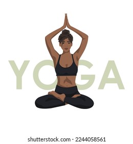 A black girl sits in a lotus position. Woman doing yoga. The concept of relaxation, harmony, appeasement. Vector flat illustration