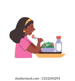 Black girl sits at table eats salad and bottle of milk or water on tray. Vector flat cartoon illustration isolated on white background. Child having lunch in school canteen, cafeteria