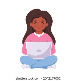 Black girl sitting with laptop. Online learning, back to school concept. Vector illustration